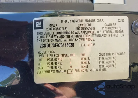 2007 Chevrolet Equinox Lt from USA, damaged, VIN 2CNDL73F976113038